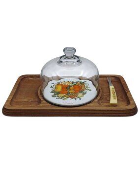 Vintage 1970s Goodwood Spice Of Life Cheese Board Set W/ Glass Dome Lid & Fork